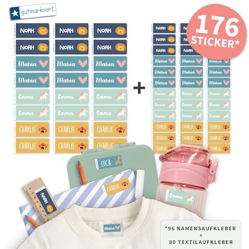 gutmarkiert Set mit personalisierbaren Ettiketten–kleine Namensaufkleber für Kinder für Stifte, Bücher (41x16mm)–Stück Textilaufkleber Namensaufkleber für Kinder-Kleidung (26x12mm) (Playground, 176) von gutmarkiert