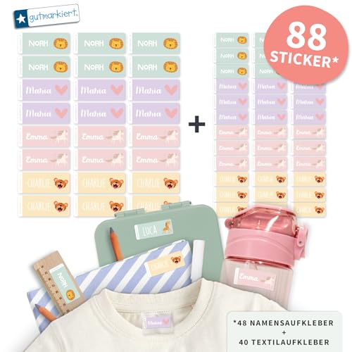 gutmarkiert Set mit personalisierbaren Ettiketten–kleine Namensaufkleber für Kinder für Stifte, Bücher (41x16mm)–Stück Textilaufkleber Namensaufkleber für Kinder-Kleidung (26x12mm) (Unicorn, 88) von gutmarkiert