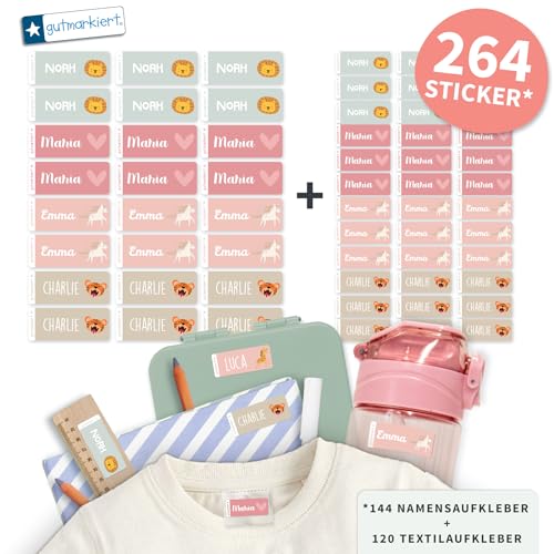gutmarkiert Set mit personalisierbaren Ettiketten–kleine Namensaufkleber für Kinder für Stifte, Bücher (41x16mm)–Stück Textilaufkleber Namensaufkleber für Kinder-Kleidung (26x12mm) (Beach, 264) von gutmarkiert