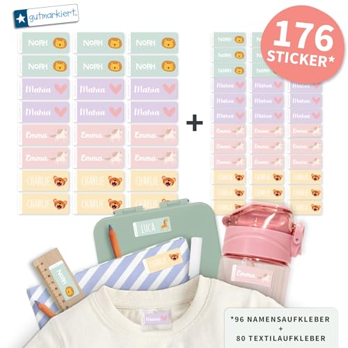 gutmarkiert Set mit personalisierbaren Ettiketten–kleine Namensaufkleber für Kinder für Stifte, Bücher (41x16mm)–Stück Textilaufkleber Namensaufkleber für Kinder-Kleidung (26x12mm) (Unicorn, 176) von gutmarkiert