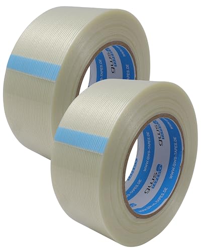 gws Filament-Klebeband, extra starkes Packband in Profi-Qualität, Gewebeband in Längsrichtung glasfaserverstärkt, Dicke: 120 μm (2 Rollen 50 mm, Längsverstärkt) von gws
