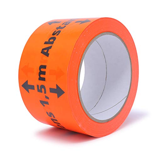 gws Hinweis-Klebeband Abstand halten 1,5 M! Flurorange PVC | Kräftiges Markierungsband in Profi-Qualität | Warnband Paketband | 60 mm x 66 m (1 Rolle) von gws