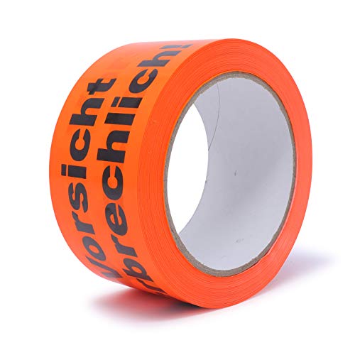 gws Hinweis-Klebeband Vorsicht zerbrechlich 1 Rolle Flurorange PVC | Kräftiges Verpackungsklebeband in Profi-Qualität | Warnband Paketband | 50 mm x 66 m von gws