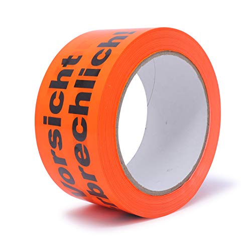 gws Hinweis-Klebeband Vorsicht zerbrechlich Flurorange PVC | Kräftiges Verpackungsklebeband in Profi-Qualität | Warnband Paketband | 50 mm x 66 m (1 Rolle) von gws