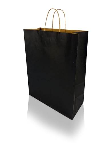 h-Green Papiertragetaschen 320x420x150 mm (200 Stück), tragbare Papiertüten mit 7kg Tragfähigkeit, recycelbare Geschenktüten aus 100% FSC® zertifiziertem Recycling-Kraftpapier, 100g/m², schwarz von h-Green