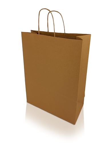 h-Green Papiertragetaschen 320x420x150 mm (25 Stück), tragbare Papiertüten mit 7kg Tragfähigkeit, recycelbare Geschenktüten aus 100% FSC® zertifiziertem Recycling-Kraftpapier, 100g/m², braun gerippt von h-Green