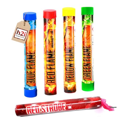 5 Stück h2i Color Mix Handfackel Bengalo Pyro Rauch Vulkan Lanzenlicht Fontäne Party Feuerwerk Rauchfarbe blau+grün+rot+gelb+strobe rot von h2i