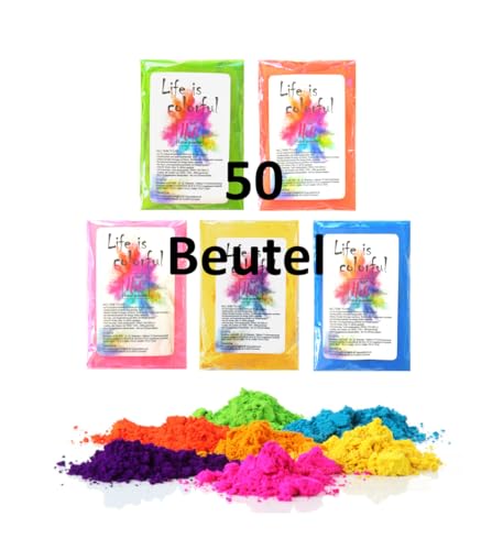 h2i Holi Pulver | 50 Beutel x 100 g | 5.000 g | 5 Farben | Holi Color Powder - 50 Farbbeutel mit leuchtenden Farben zum Werfen | für Festivals Fotoshooting Baby-Shower Party-Foto Fun & Action von h2i