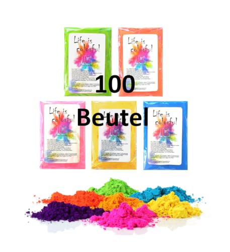 h2i Holi Pulver Neon UV | 100 Beutel x 70 g | 7.000 g | 5 Farben | 100 UV Farbbeutel mit leuchtenden Neon Farben | für Festivals Fotoshooting Baby-Shower Party-Foto Fun & Action von h2i