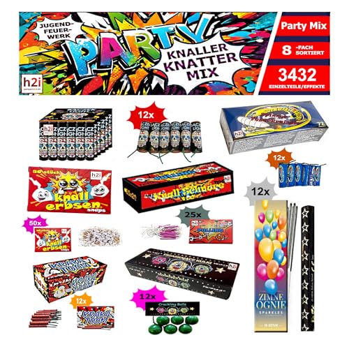 h2i Knaller Knatter Premium Mix | 3432 Teile | 8fach Sortiert & handverlesen| Partyspaß für Klein & Groß I für Silvester Halloween & Partys | Kinder & Jugendfeuerwerk | o | Ganzjahresfeuerwerk Kat F1 von h2i