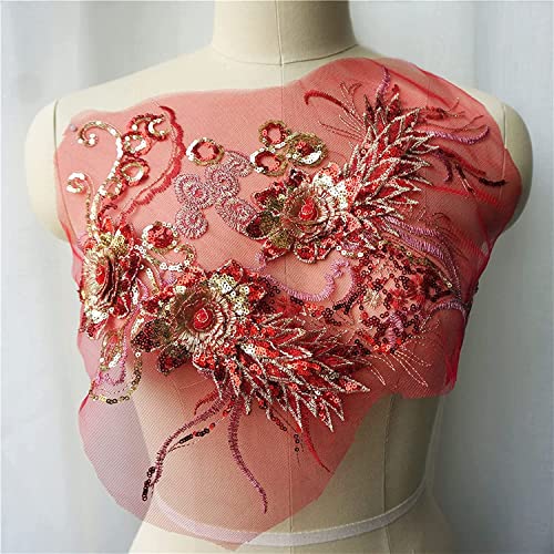 Stickerei-Aufnäher, 3D-Blumenquaste, Hochzeitskleid, Applikationen, bestickte Besätze, Kragen, Nähen (rot) von hOnYbmq