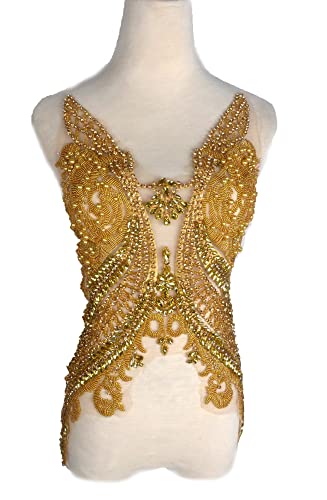 Stickerei-Aufnäher, schwere Perlen, Applikation, Kristall, Strass, Hochzeitskleid, Zubehör (Gold) von hOnYbmq