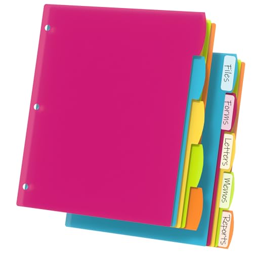 HABGP 3 Ringbuch-Trennblätter mit Tabs, 10 Stück/2 Set Kunststoff-Trennblätter für 3-Ringordner, 5 Registerkarten, 3 Locher, farbige Seiten, drei Ringordner-Trennblätter mit Reitern, Registerkarten von habgp