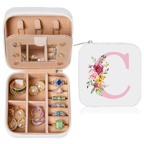 Geschenk für Frauen, Initiale Schmuckkästchen mit Blume und C, Kleine Schmuckkästchen, Reise Schmuckschatulle mit Spiegel für Damen Mädchen, Geschenk für Geburtstag Weihnachten Muttertag Hochzeit von hamatata