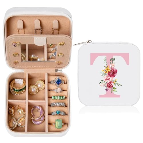 Geschenk für Frauen, Initiale Schmuckkästchen mit Blume und T, Kleine Schmuckkästchen, Reise Schmuckschatulle mit Spiegel für Damen Mädchen, Geschenk für Geburtstag Weihnachten Muttertag Hochzeit Geschenk für Frauen, Initiale Schmuckkästchen mit Blume und T, Kleine Schmuckkästchen, Reise Schmuckschatulle mit Spiegel für Damen Mädchen, Geschenk für Geburtstag Weihnachten Muttertag Hochzeit von hamatata