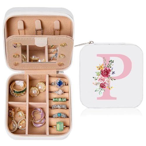 Kleine Schmuckschatulle mit Anfangsbuchstaben P und Blume Initiale Schmuckkästchen Travel Organizer Box Geschenke für Damen Mädchen Geschenke für Weihnachten Geburtstage Hochzeit Brautjungfer, Weiß von hamatata