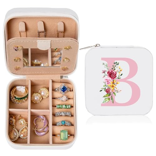 hamatata Kleine Schmuckschatulle mit Initiale B und Blume, PU Leder Schmuckkästchen Travel Organizer Box Geschenke für Damen Mädchen, Geschenke für Weihnachten Geburtstage Hochzeit Brautjungfer, Weiß von hamatata