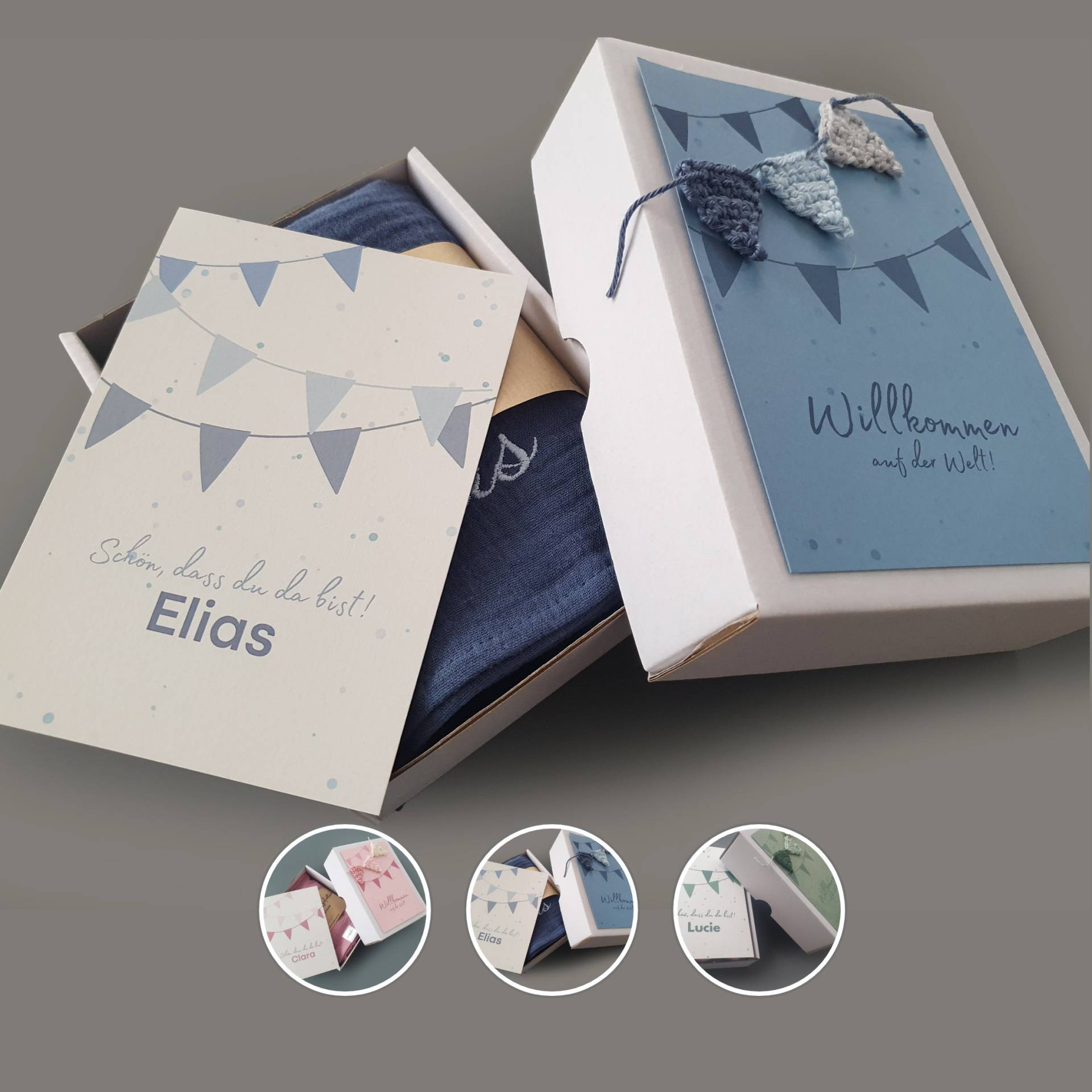 Personalisiertes Baby Geschenkset 3 Teile Geschenkbox, Karte Und Musselintuch - Süße Geschenkidee Zur Geburt Mit Girlande, Geburtsgeschenk Personalisiertes Baby Geschenkset 3 Teile Geschenkbox, Karte Und Musselintuch - Süße Geschenkidee Zur Geburt Mit Girlande, Geburtsgeschenk von handmadebyvieri