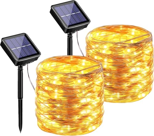 Solar Lichterkette Aussen, 2x17M 150 LED Solarlichterkette Außen Wetterfest, 8 Modi IP65 Wasserdicht Kupferdraht Lichterkette Outdoor für Balkon Garten Party Weihnachten Baum Hochzeit(Warmweiß) von hangyiwei