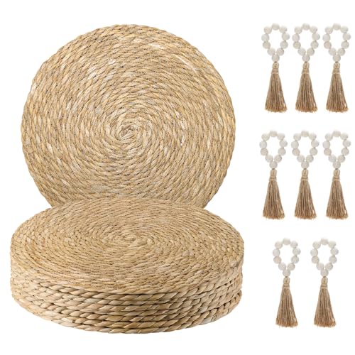 Hardcometrue Gewebte Platzsets, 8 Stück, 30,5 cm, natürliche Wasserhyazinthe, runde Rattan-Platzsets mit Holzperlen, Serviettenringe für Küche, Esstisch, Dekoration Hardcometrue Gewebte Platzsets, 8 Stück, 30,5 cm, natürliche Wasserhyazinthe, runde Rattan-Platzsets mit Holzperlen, Serviettenringe für Küche, Esstisch, Dekoration von hardcometrue