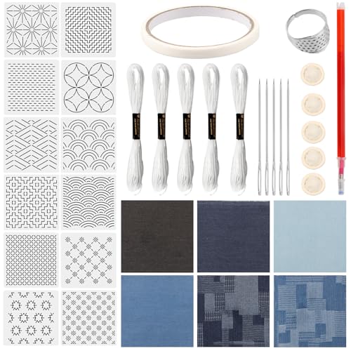 harupink 12pcs Sashiko -Schablonen Kit Komplette Sashiko -Thread und Nadeln Dimble Set Denim Sticksticke für Anfänger Handquilting(Denim) von harupink