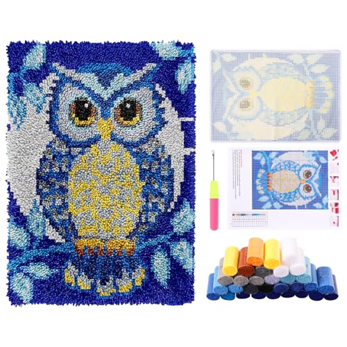 harupink Knüpfteppich Set für Kinder,Anfänger und Erwachsene zum Selber Knüpfen,Latch Hook Kits mit Vordruck und Englische Lernprogramm,DIY Knüpfsets KreuzstichTeppich Set,52x38 cm(Eule) von harupink