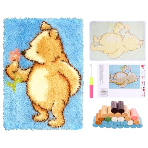 harupink Knüpfteppich Set für Kinder,Anfänger und Erwachsene zum Selber Knüpfen,Latch Hook Kits mit Vordruck und Englische Lernprogramm,DIY Knüpfsets KreuzstichTeppich Set,52x38 cm(Honigbär) von harupink