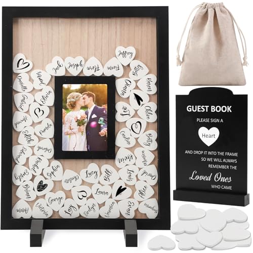 hatisan Hochzeit Gästebuch Alternative, Rustikales Gästebuch Hochzeit Empfang Schild, Herz Gästebuch Schilder mit Holzrahmen für Hochzeitstag Geburtstag Party (Schwarz) von hatisan