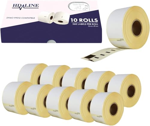 hd-line Dymo Etiketten für Labelwriter 99012-10 Rolle Pack Etiketten x 260 St. Je Rolle = 2600 Etikette, Selbstklebend, Kompatibel für Dymo Labelwriter & Seiko Etikettendrucker, 89 X 36 mm von hd-line