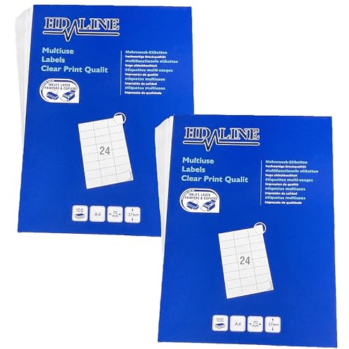 Hd-line Adressetiketten 2 Packungen, 100 Blatt, 70 x 37 mm, 4800 Stück, Selbstklebend, bedruckbar, matt, blanko Papier Adressaufkleber Etiketten, Universal, 24 pro A4 Bogen, weiß von hd-line