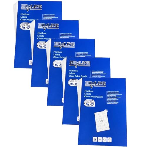 Hd-line Adressetiketten 5 Packungen, 100 Blatt, 70 x 37 mm, 12000 Stück, Selbstklebend, bedruckbar, matt, blanko Papier Adressaufkleber Etiketten, Universal, 24 pro A4 Bogen, weiß von hd-line