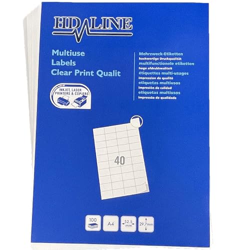 Hd-line Universal Etiketten 1 Packungen, 52,5 x 29,7 mm, 100 Blatt, 4000 Stück, selbstklebend, bedruckbar, matt, blanko Papier Klebeetiketten Aufkleber, 40 pro A4 Bogen, weiß Hd-line Universal Etiketten 1 Packungen, 52,5 x 29,7 mm, 100 Blatt, 4000 Stück, selbstklebend, bedruckbar, matt, blanko Papier Klebeetiketten Aufkleber, 40 pro A4 Bogen, weiß von hd-line