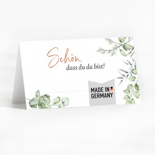 50 Tischkarten Eukalyptus Design I Hochzeit oder Taufe I Platzkarten zum Selbst beschriften mit Text "Schön dass du da bist" I edle Sitzkarten von heaven+paper