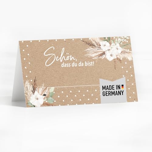 50 Tischkarten Eukalyptus Boho Design I Hochzeit oder Taufe I Platzkarten zum Selbst beschriften mit Text "Schön dass du da bist" I edle Sitzkarten made in Germany von heaven+paper