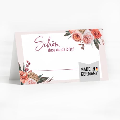 50 Tischkarten Rosen und Blumen Design Hochzeit oder Taufe Platzkarten zum Selbst beschriften mit Text "Schön dass du da bist" edle Sitzkarten von heaven+paper