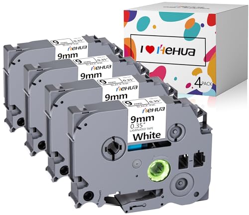 4x hehua Kompatibel mit Brother P-touch Schriftband TZe-221 9mm, Schwarz auf Weiß 9mm tze221 tze 221 tz221 Kompatibel mit P-touch H100LB H100 H105 H75 h-101gb E100 D200 D210 D400 1280 (9mm x 8m) von hehua