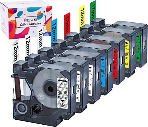 Hehua 7PK Ersatz für Dymo D1 12mm Etikettenband 45013(2PK) 45010 45016 45017 45018 45019, Kompatibel mit Dymo LabelManager 160 Executive 640 CB 210D 260P 360D LabelWriter 400 450 Duo (D1 12mm x 7m) von hehua