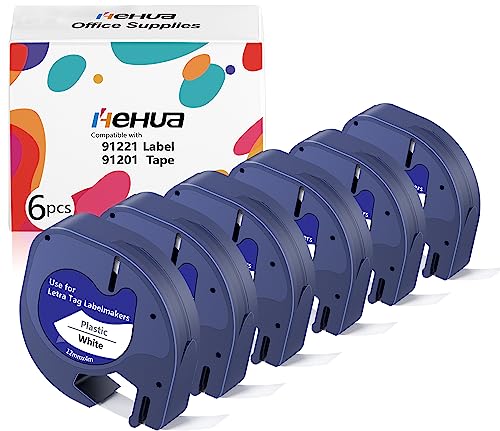 6 X Hehua Kompatible Band für Dymo Letratag Etikettenband Kunststoff 12mm x 4m als Ersatz für Dymo Letratag Xr LT-100h LT110T LT-100T QX50 XR XM 2000 Plus, Schwarz auf Weiß dymo 91221 S0721660 von hehua