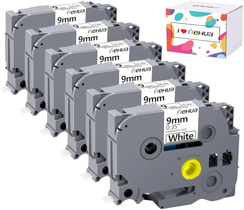 Hehua Kompatibles Etikettenband für Etikettenmacher TZe-221 TZe221 TZ221 TZ-221 9 mm 0,35 TZe Tape für PTD210 PTD200 PTH110 PTD400 PTD600 PT1290 Etikettenmacher (Schwarz auf Weiß, 6er-Pack) von hehua