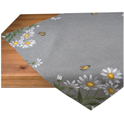 Tischdecke Leinen-Optik Bestickt Deko Esszimmer Serie Margariten Blumen Tischwäsche grau Stickerei Schmetterling Tischdeko Frühling Typ886 Mitteldecke 85x85 cm weiß gelb von heimtexland