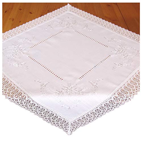 heimtexland ® Mitteldecke Macramé Spitze weiß Landhaus Bestickt 110x110 Makramee Borte Tischdecke ÖKOTEX Typ525 von heimtexland