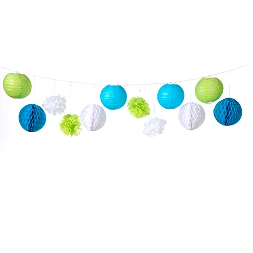 heimtexland ® Party Deko Set Pompoms Papier Lampions Wabenbälle Dekoration Hochzeit Taufe Geburtstag Girlande Hängedeko Typ863 Grün Blau 12 Teile von heimtexland