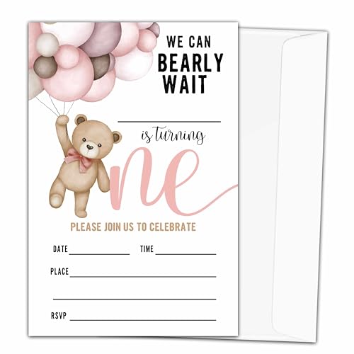 heiyihe Beary Einladung zum ersten Geburtstag, Teddybär, 1. B-Day Einladung für Mädchen, Bär, 1. Geburtstag, Einladung zum 20. Geburtstag, für Mädchen, Partygeschenk und Dekoration, C27 von heiyihe