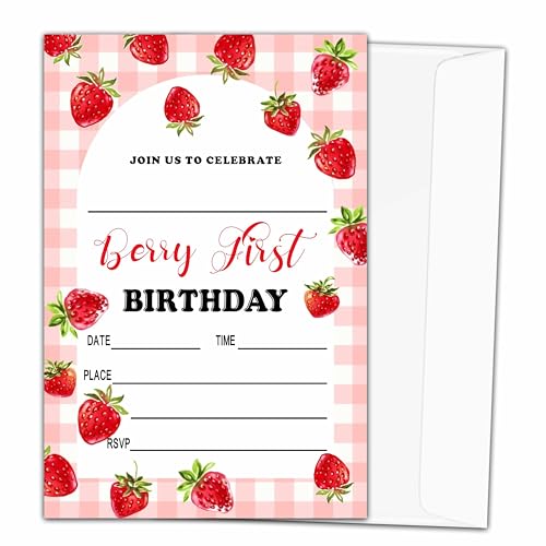 heiyihe Einladungskarten zum ersten Geburtstag, Erdbeere, zum ersten Geburtstag, rosa Gingham-Motiv, Einladung zum 20. Geburtstag, Einladung für Mädchen, Partygeschenk und Dekoration, C19 von heiyihe