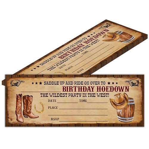 heiyihe Retro-Geburtstagskarten - The Wildest Party Ticket Einladungskarten - Retro Weststiefel Geburtstagseinladung mit Umschlägen für West-Liebhaber - Feier Party Favor & Supplies (20 Packungen) - von heiyihe