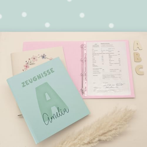 Zeugnismappe A4 personalisiert, Ringordner mit Namen, Leinen-Ordner für Schulzeugnisse, Geschenk Einschulung Mädchen & Jungen, Schulordner (Buchstabe Mint, Mint, Standard) von hellomini