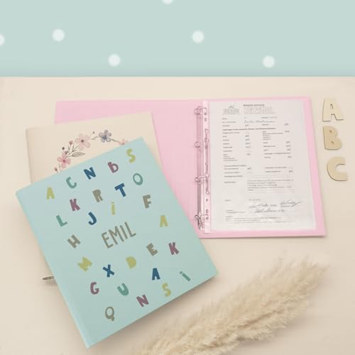 Zeugnismappe A4 personalisiert, Ringordner mit Namen, Leinen-Ordner für Schulzeugnisse, Geschenk Einschulung Mädchen & Jungen, Schulordner (Buchstabensalat, Mint, Standard) von hellomini