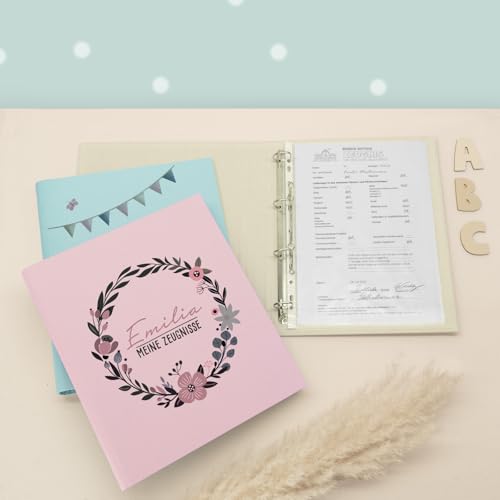 Zeugnismappe A4 personalisiert, Ringordner mit Namen, Leinen-Ordner für Schulzeugnisse, Geschenk Einschulung Mädchen & Jungen, Schulordner (Cartoon Blumenkranz, Rosa, Standard) von hellomini