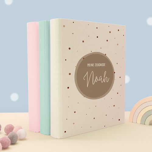 Zeugnismappe A4 personalisiert, Ringordner mit Namen, Leinen-Ordner für Schulzeugnisse, Geschenk Einschulung Mädchen & Jungen, Schulordner (Kreis Beige, Creme, Standard) von hellomini
