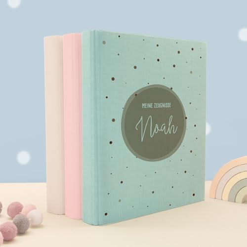 Zeugnismappe A4 personalisiert, Ringordner mit Namen, Leinen-Ordner für Schulzeugnisse, Geschenk Einschulung Mädchen & Jungen, Schulordner (Kreis Beige, Mint, Standard) von hellomini